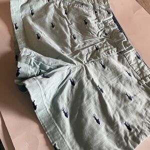 British Khaki Teal Blue Shorts with Navy Shark Embroidery